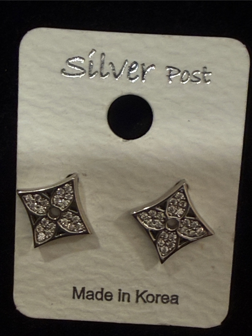 Silver Floral Square Crystal Stud Earrings - Unbranded